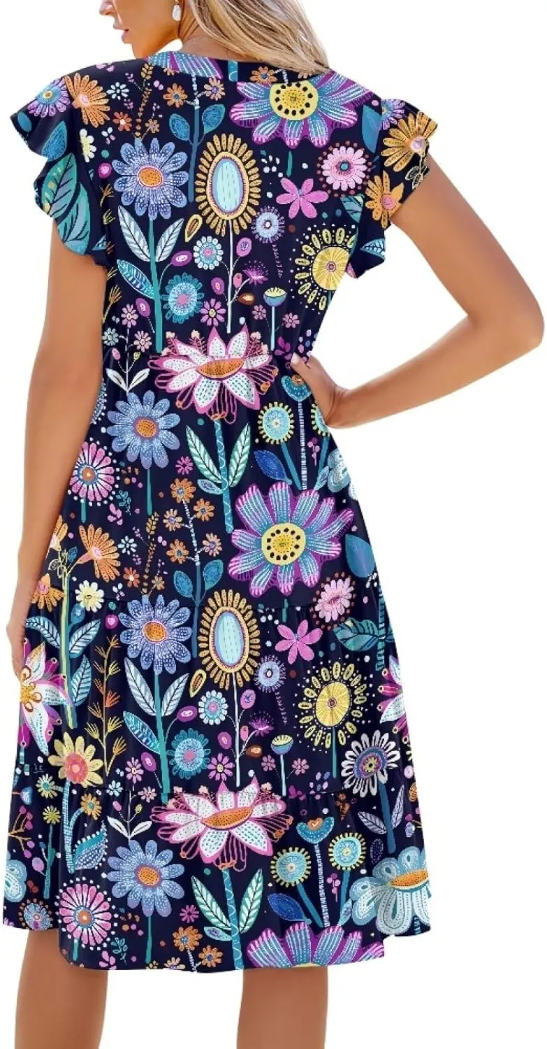 Swing Dress for Women Plus Size Summer Casual Loose V Neck Ruffle Cap Short Sleeve Tiered Midi Dress with Pockets