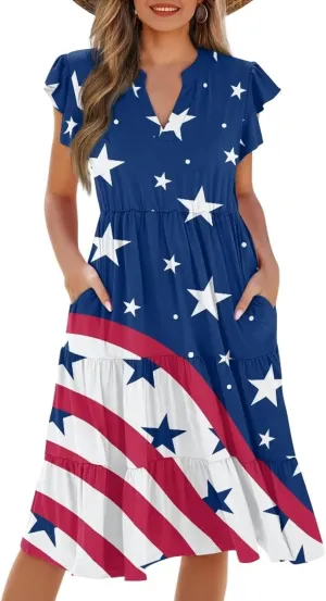 Swing Dress for Women Plus Size Summer Casual Loose V Neck Ruffle Cap Short Sleeve Tiered Midi Dress with Pockets