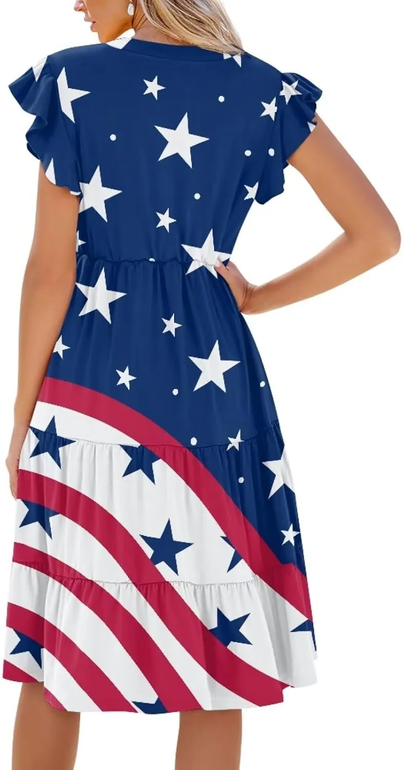 Swing Dress for Women Plus Size Summer Casual Loose V Neck Ruffle Cap Short Sleeve Tiered Midi Dress with Pockets