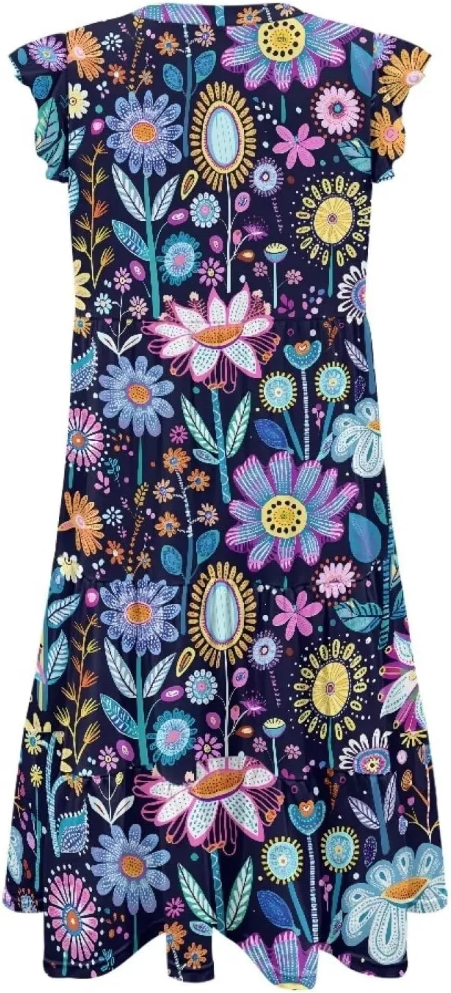 Swing Dress for Women Plus Size Summer Casual Loose V Neck Ruffle Cap Short Sleeve Tiered Midi Dress with Pockets