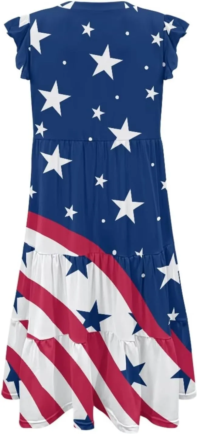 Swing Dress for Women Plus Size Summer Casual Loose V Neck Ruffle Cap Short Sleeve Tiered Midi Dress with Pockets