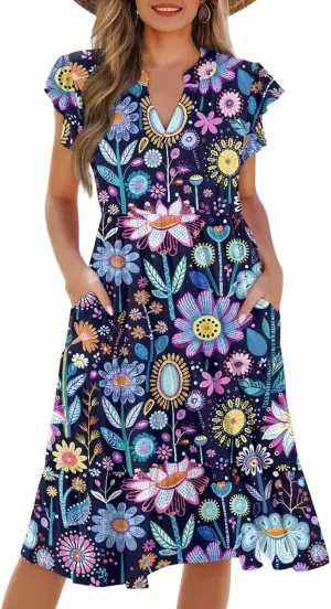 Swing Dress for Women Plus Size Summer Casual Loose V Neck Ruffle Cap Short Sleeve Tiered Midi Dress with Pockets