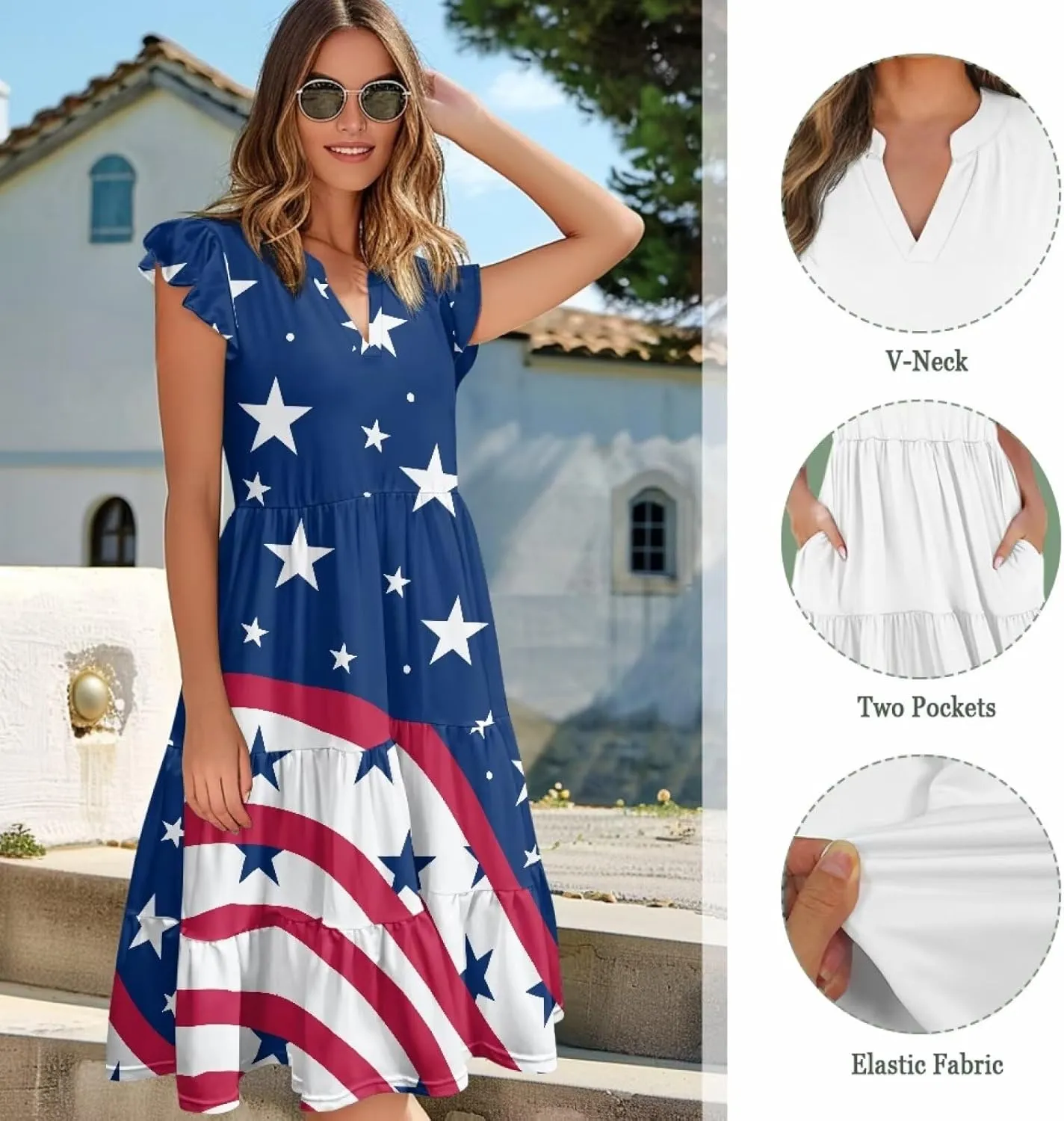 Swing Dress for Women Plus Size Summer Casual Loose V Neck Ruffle Cap Short Sleeve Tiered Midi Dress with Pockets
