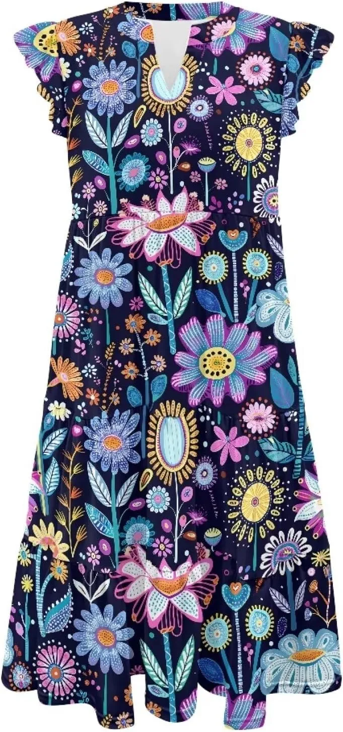 Swing Dress for Women Plus Size Summer Casual Loose V Neck Ruffle Cap Short Sleeve Tiered Midi Dress with Pockets