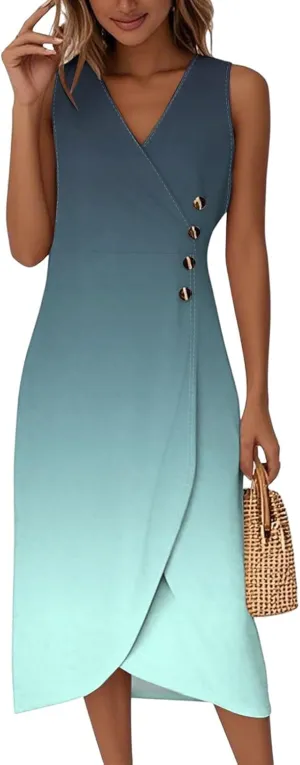 Tank Dresses for Women 2025 V Neck Button Down Empire Waist Dress Slit Overlapping Hem Sleeveless Midi Sundresses