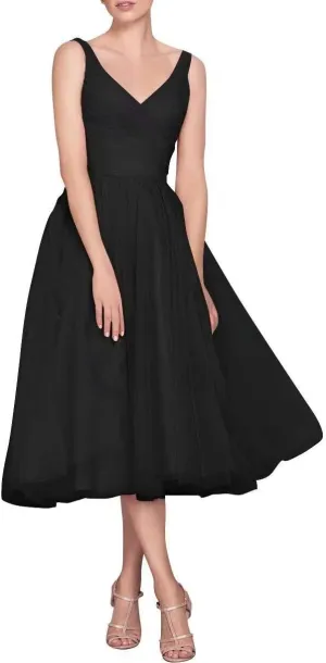 Tea Length A-Line V Neck Formal Evening Party Gowns for Women Sleeveless Puffy Midi Tulle Cocktail Prom Dress