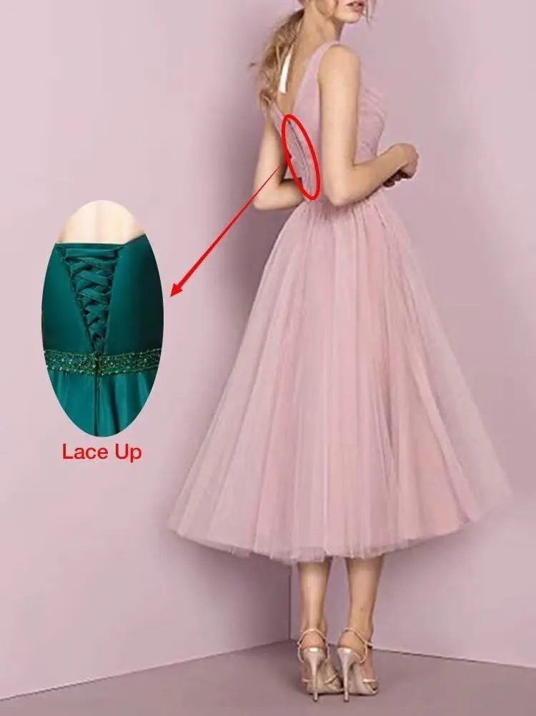 Tea Length A-Line V Neck Formal Evening Party Gowns for Women Sleeveless Puffy Midi Tulle Cocktail Prom Dress