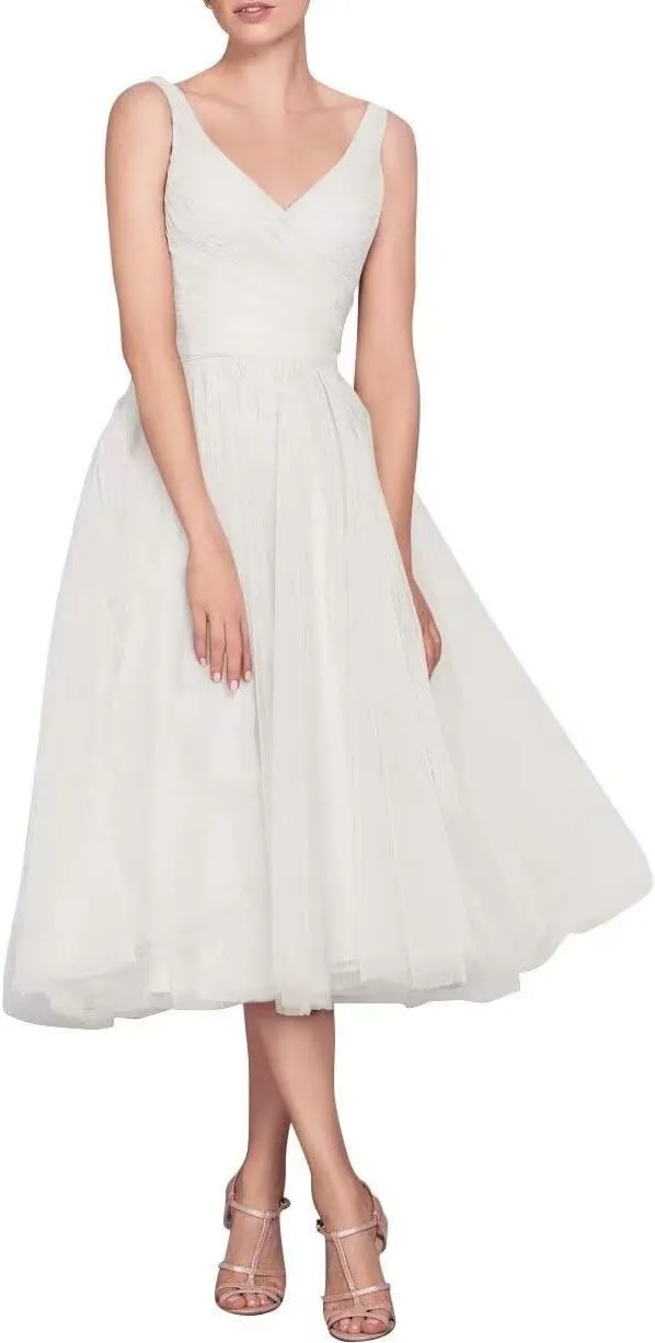 Tea Length A-Line V Neck Formal Evening Party Gowns for Women Sleeveless Puffy Midi Tulle Cocktail Prom Dress