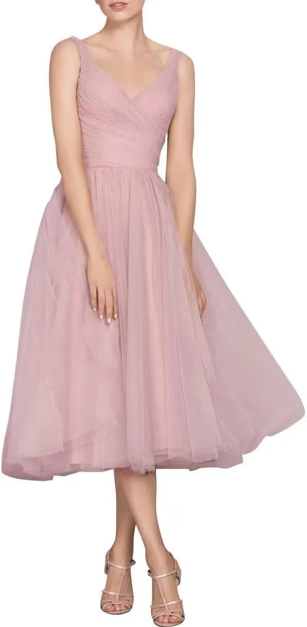 Tea Length A-Line V Neck Formal Evening Party Gowns for Women Sleeveless Puffy Midi Tulle Cocktail Prom Dress