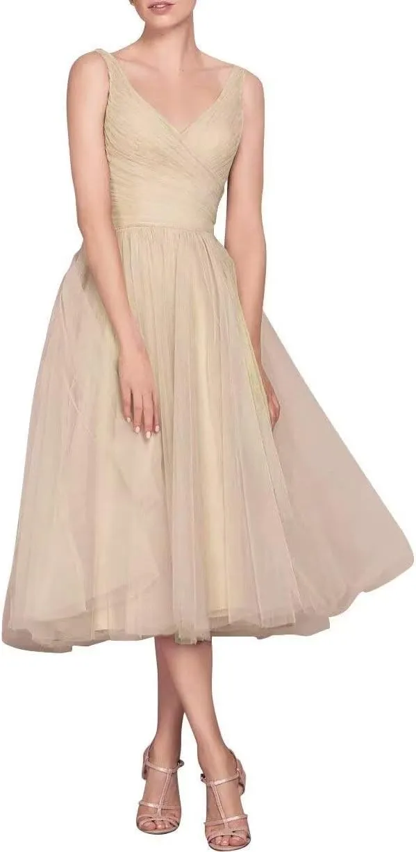 Tea Length A-Line V Neck Formal Evening Party Gowns for Women Sleeveless Puffy Midi Tulle Cocktail Prom Dress