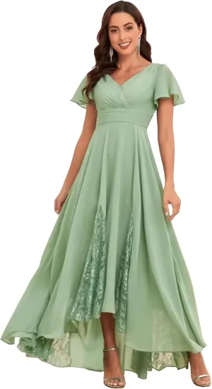 Tea Length Mother of The Bride Dresses Chiffon Ruched Evening Dress Lace A Line High Low Bridesmaid Dresses