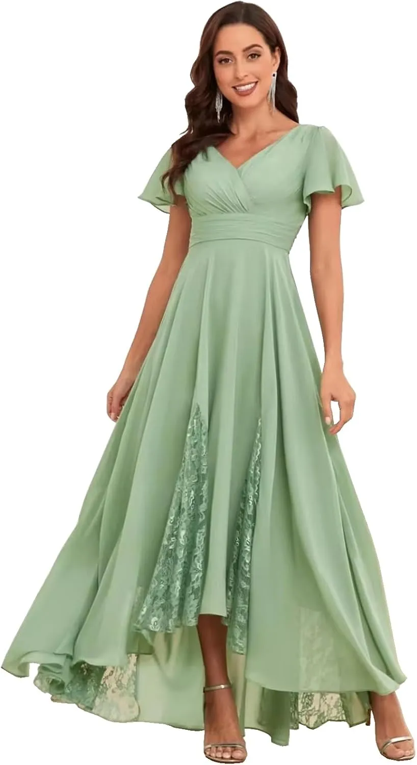 Tea Length Mother of The Bride Dresses Chiffon Ruched Evening Dress Lace A Line High Low Bridesmaid Dresses