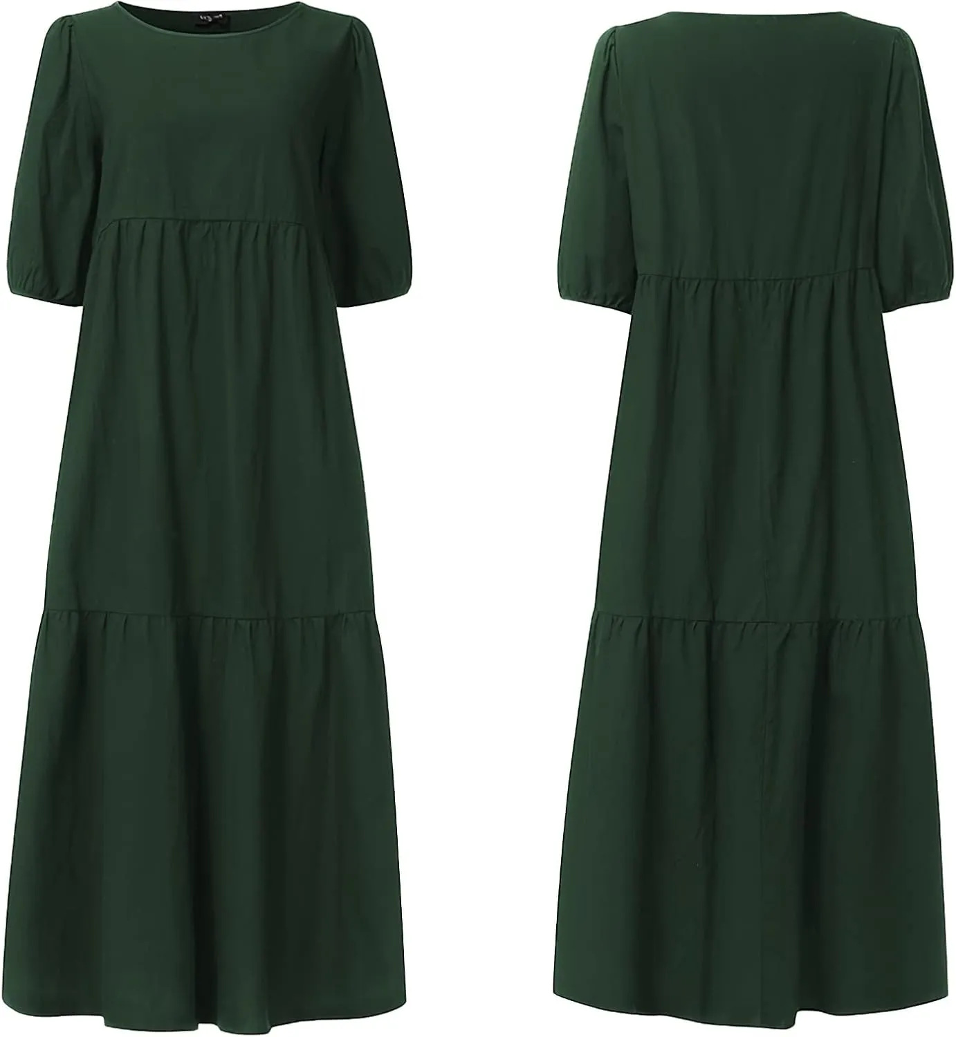 TIAFORD Women's Linen Puff Short Sleeve Crewneck Tiered Maxi Dress Summer Casual Flowy Vacation Plus Size Dress