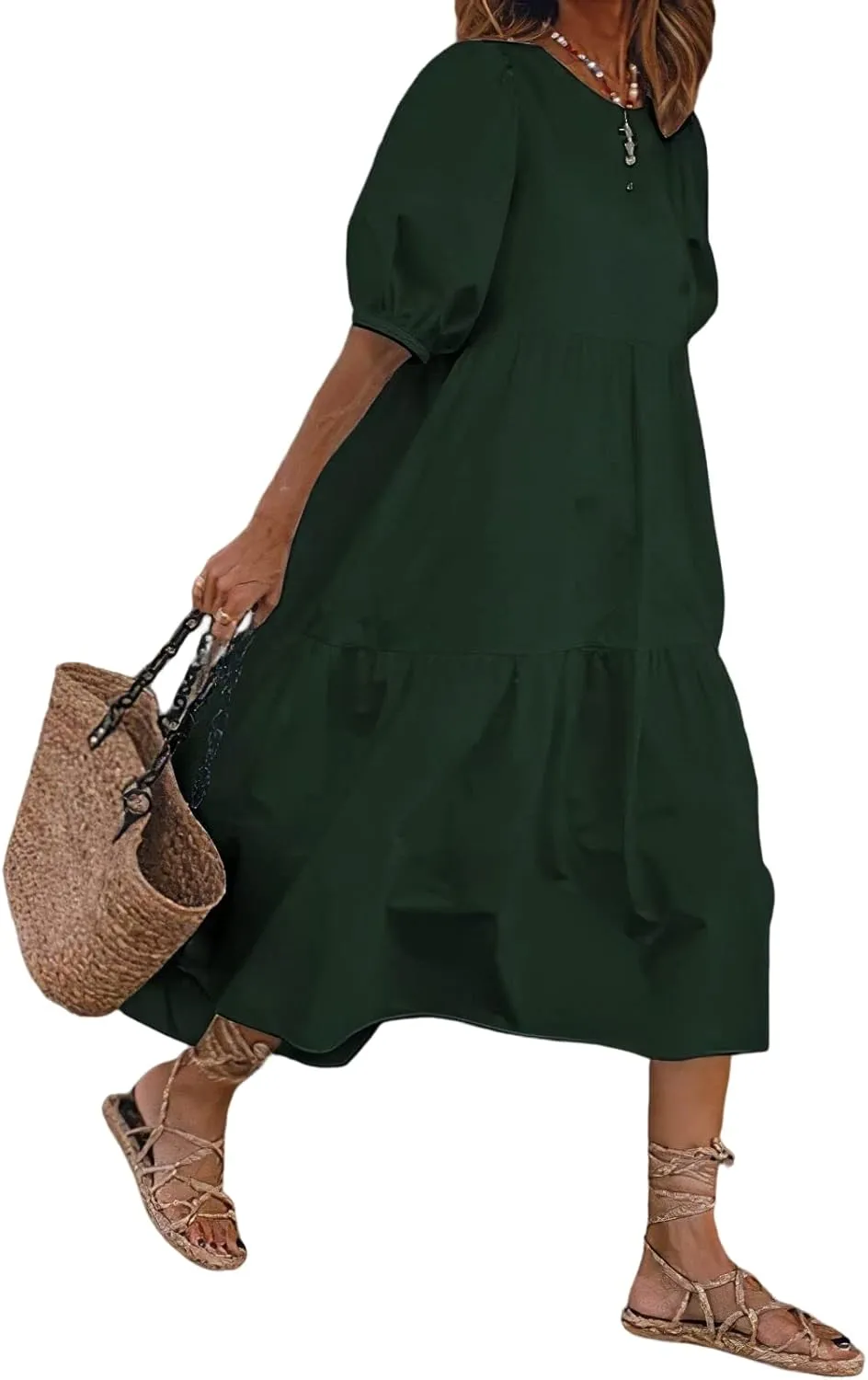 TIAFORD Women's Linen Puff Short Sleeve Crewneck Tiered Maxi Dress Summer Casual Flowy Vacation Plus Size Dress