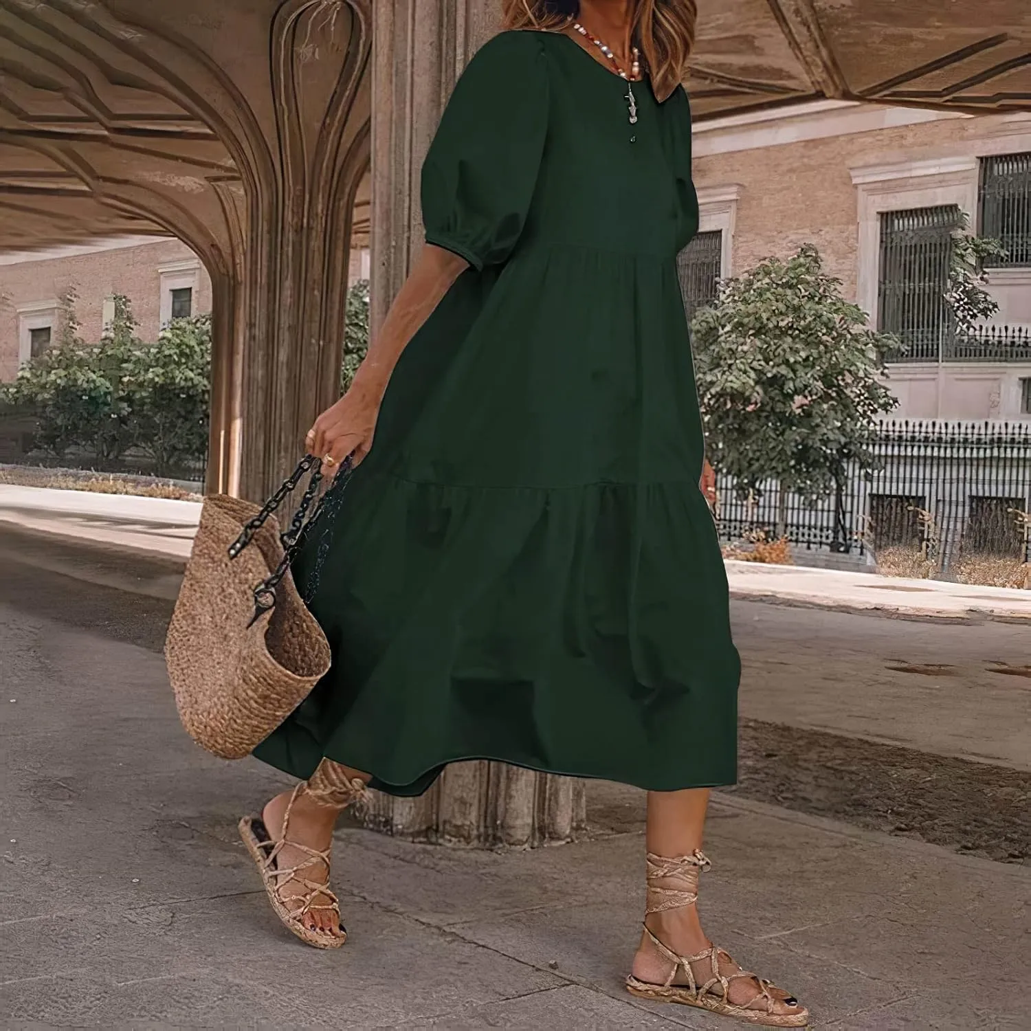 TIAFORD Women's Linen Puff Short Sleeve Crewneck Tiered Maxi Dress Summer Casual Flowy Vacation Plus Size Dress
