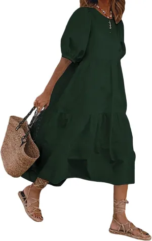 TIAFORD Women's Linen Puff Short Sleeve Crewneck Tiered Maxi Dress Summer Casual Flowy Vacation Plus Size Dress
