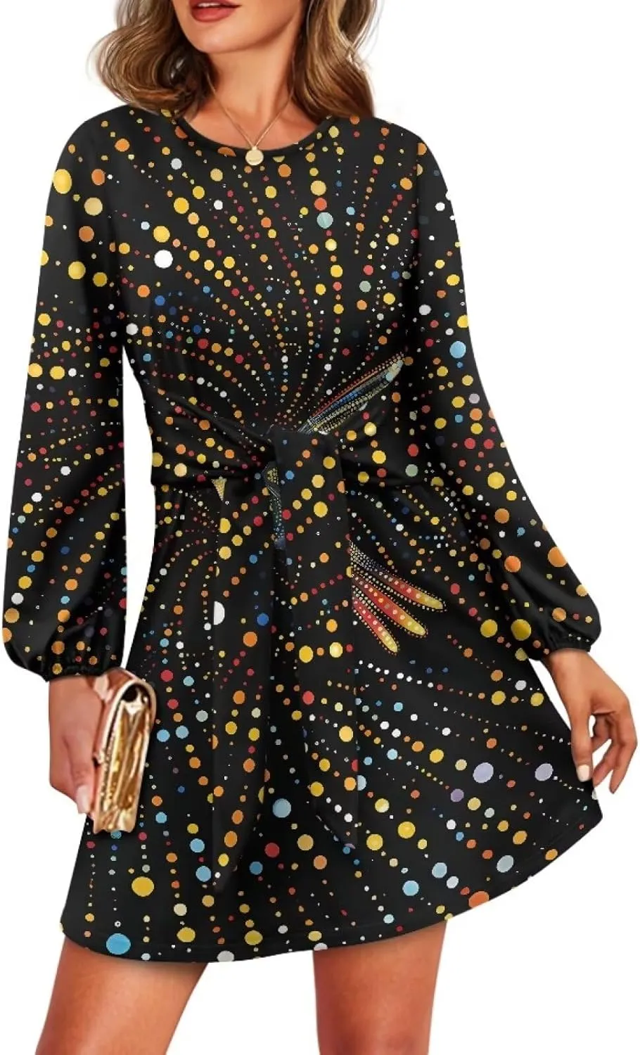 TODIYADDU Dress for Women Elegant Long Sleeve Cocktail Party Dress Mini Dresses with Belt Casual T Shirt Dress Midi Dresses