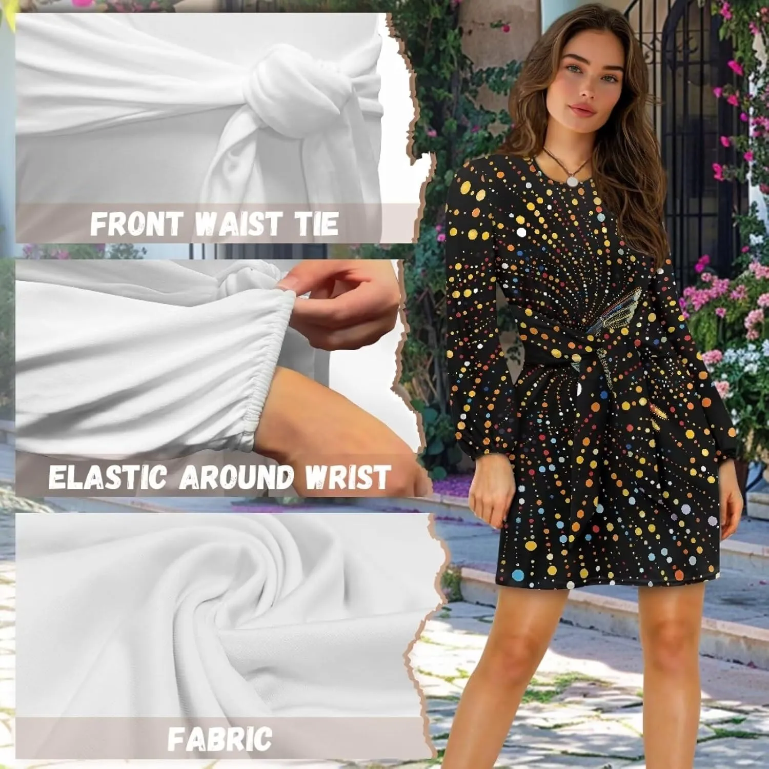TODIYADDU Dress for Women Elegant Long Sleeve Cocktail Party Dress Mini Dresses with Belt Casual T Shirt Dress Midi Dresses