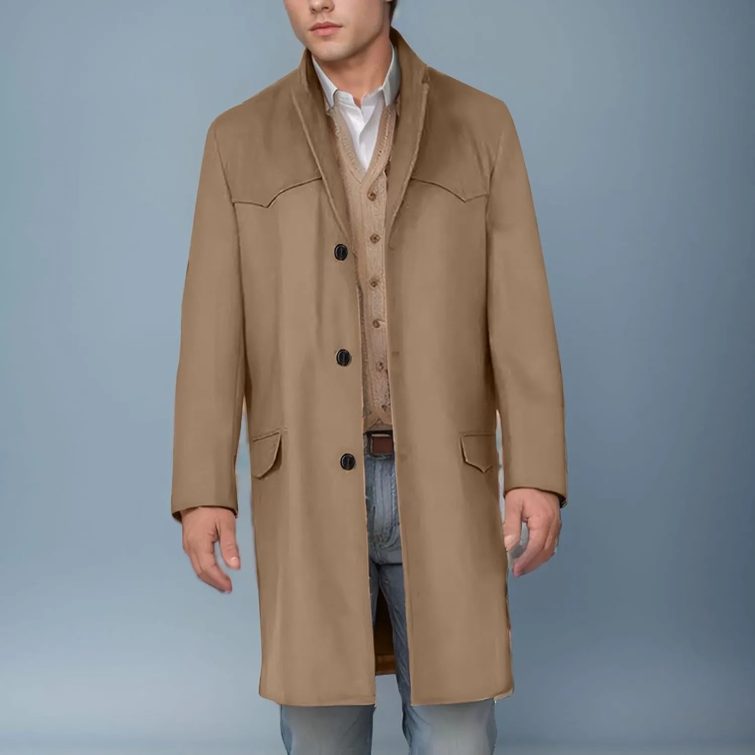Trench Coat Men Classic Notched Collar Overcoat Warm Single Breasted Peacoat Elegant Long Jacket Overcoat