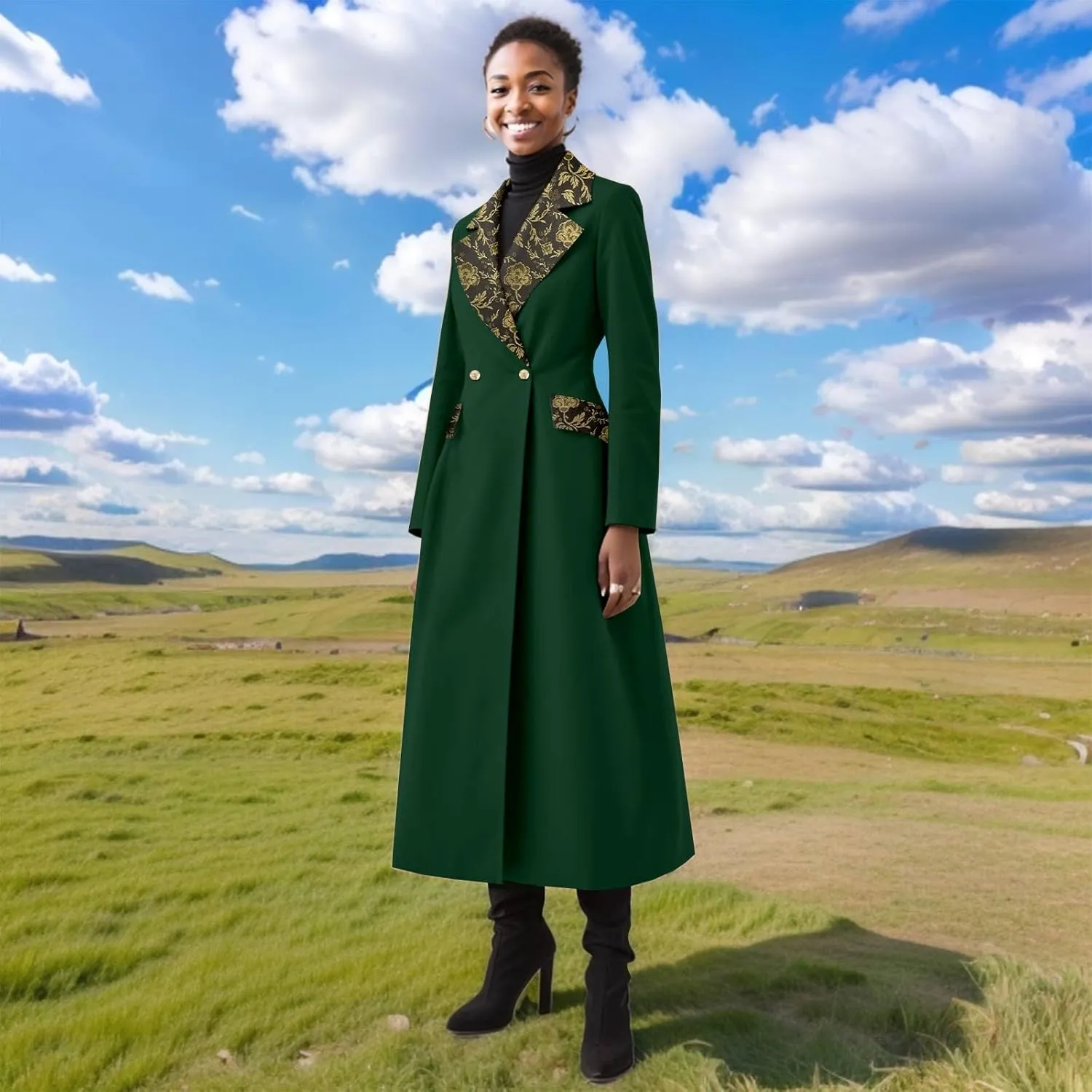 Trench Coat Women Double-Breasted Long Winter Wool Classic Coat Lapel Collar Belted Long Jacket
