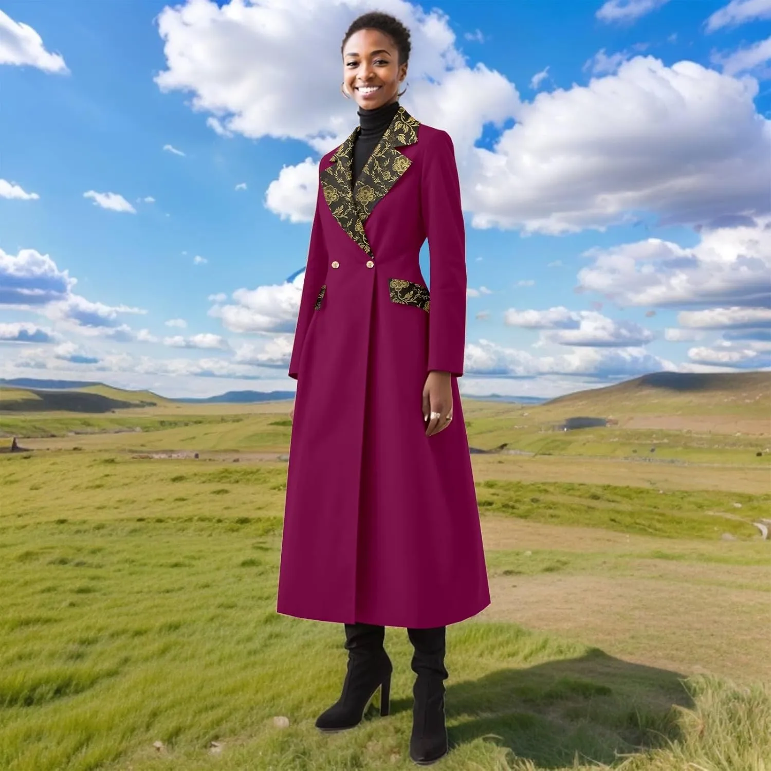 Trench Coat Women Double-Breasted Long Winter Wool Classic Coat Lapel Collar Belted Long Jacket
