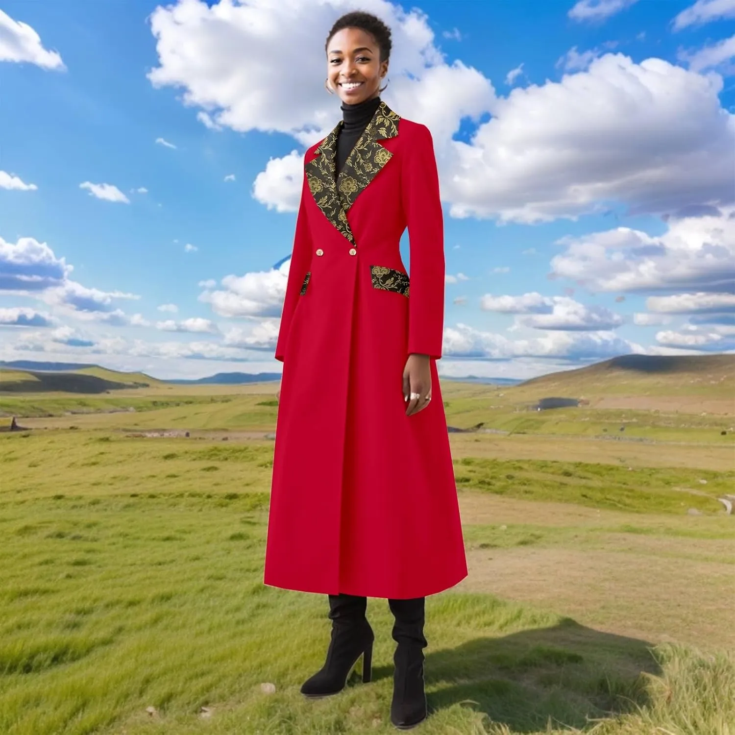 Trench Coat Women Double-Breasted Long Winter Wool Classic Coat Lapel Collar Belted Long Jacket