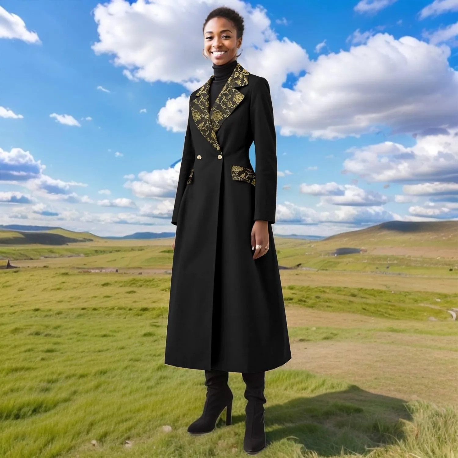 Trench Coat Women Double-Breasted Long Winter Wool Classic Coat Lapel Collar Belted Long Jacket