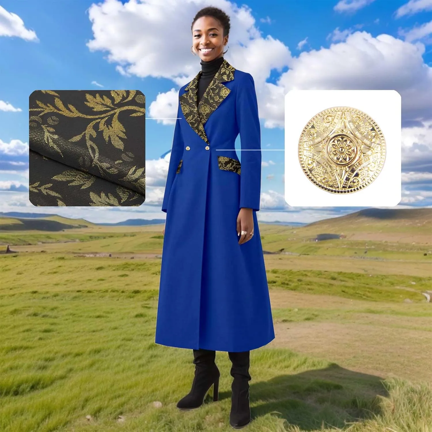 Trench Coat Women Double-Breasted Long Winter Wool Classic Coat Lapel Collar Belted Long Jacket