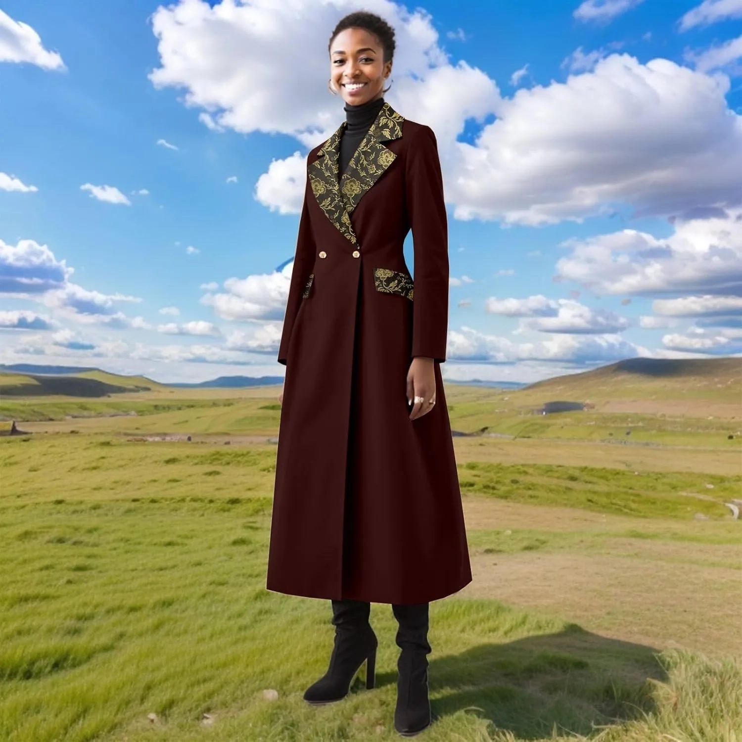 Trench Coat Women Double-Breasted Long Winter Wool Classic Coat Lapel Collar Belted Long Jacket