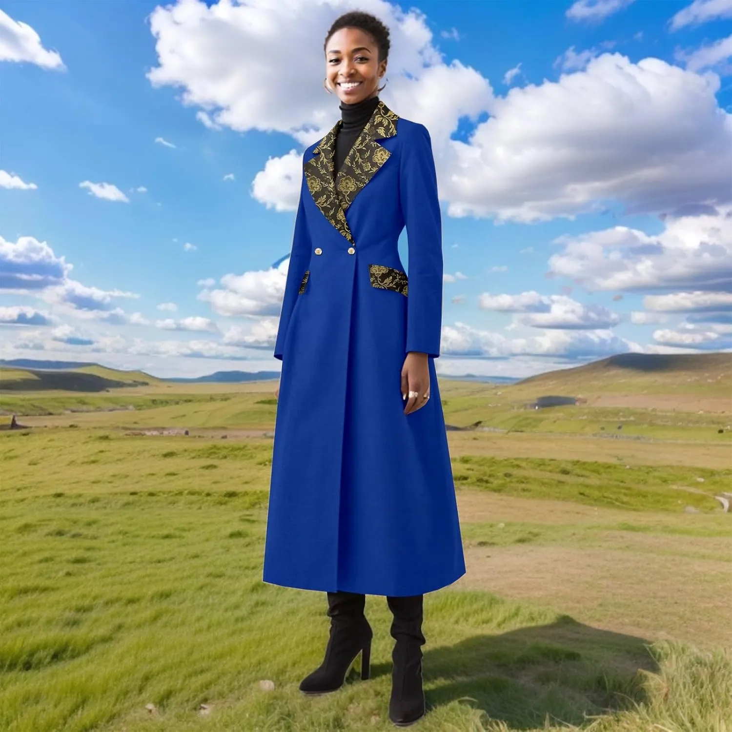 Trench Coat Women Double-Breasted Long Winter Wool Classic Coat Lapel Collar Belted Long Jacket