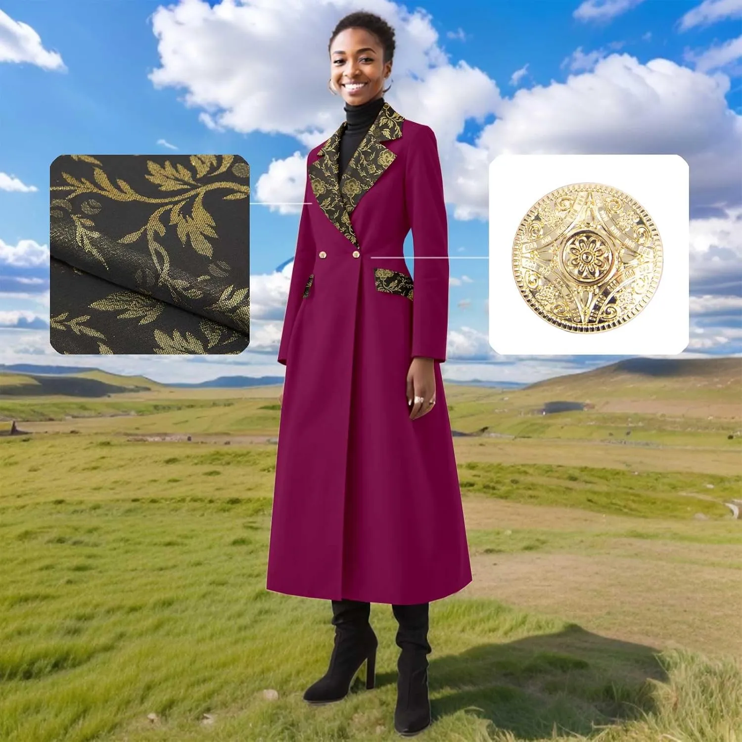 Trench Coat Women Double-Breasted Long Winter Wool Classic Coat Lapel Collar Belted Long Jacket