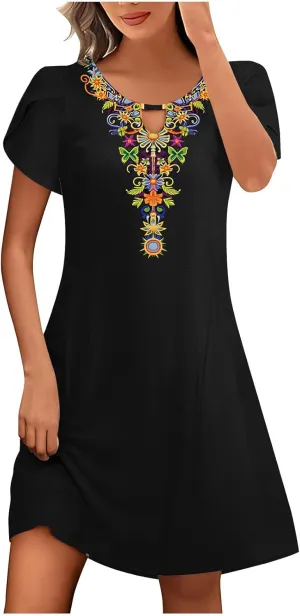 Tunic Dresses for Women Vintage Boho Casual Dresses Short Sleeve Floral Print Midi Keyhole Neck Bohemian Sundress