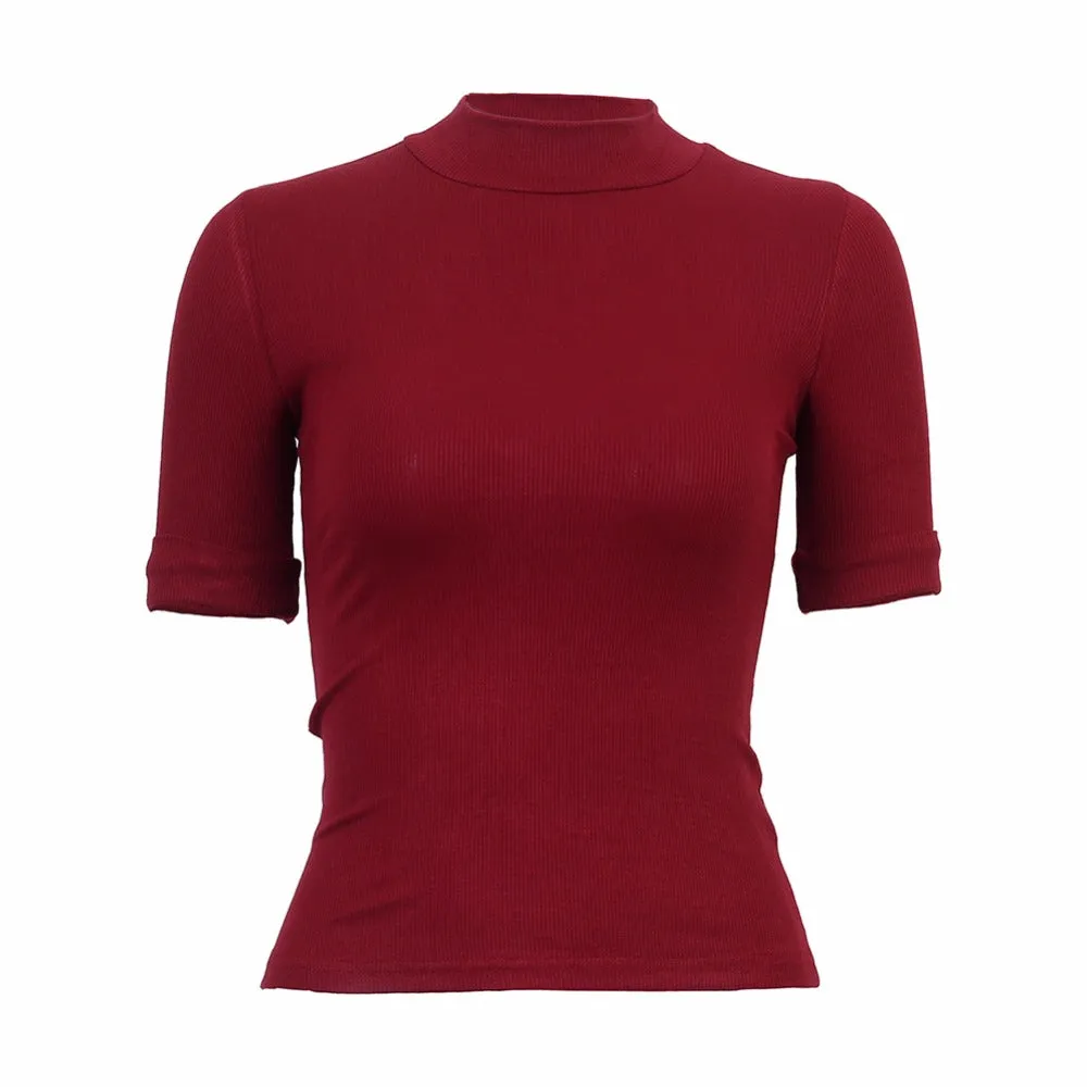 Turtleneck Top Cotton Women's T Shirt Spring Autumn Half Sleeve