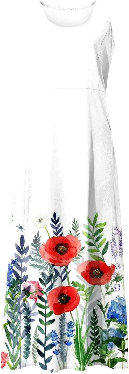TWGONE Summer Dresses for Women Beach Boho Sleeveless Floral Flowy Pockets Casual Tshirt Tank Sundresses