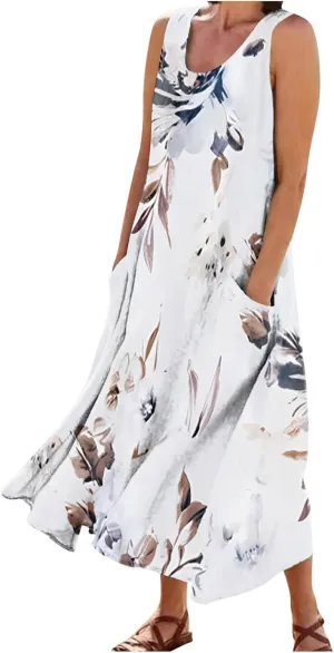 TWGONE Summer Dresses for Women Beach Boho Sleeveless Floral Flowy Pockets Casual Tshirt Tank Sundresses