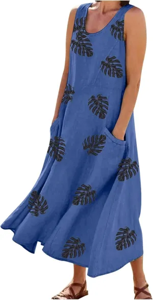 TWGONE Summer Dresses for Women Beach Boho Sleeveless Floral Flowy Pockets Casual Tshirt Tank Sundresses
