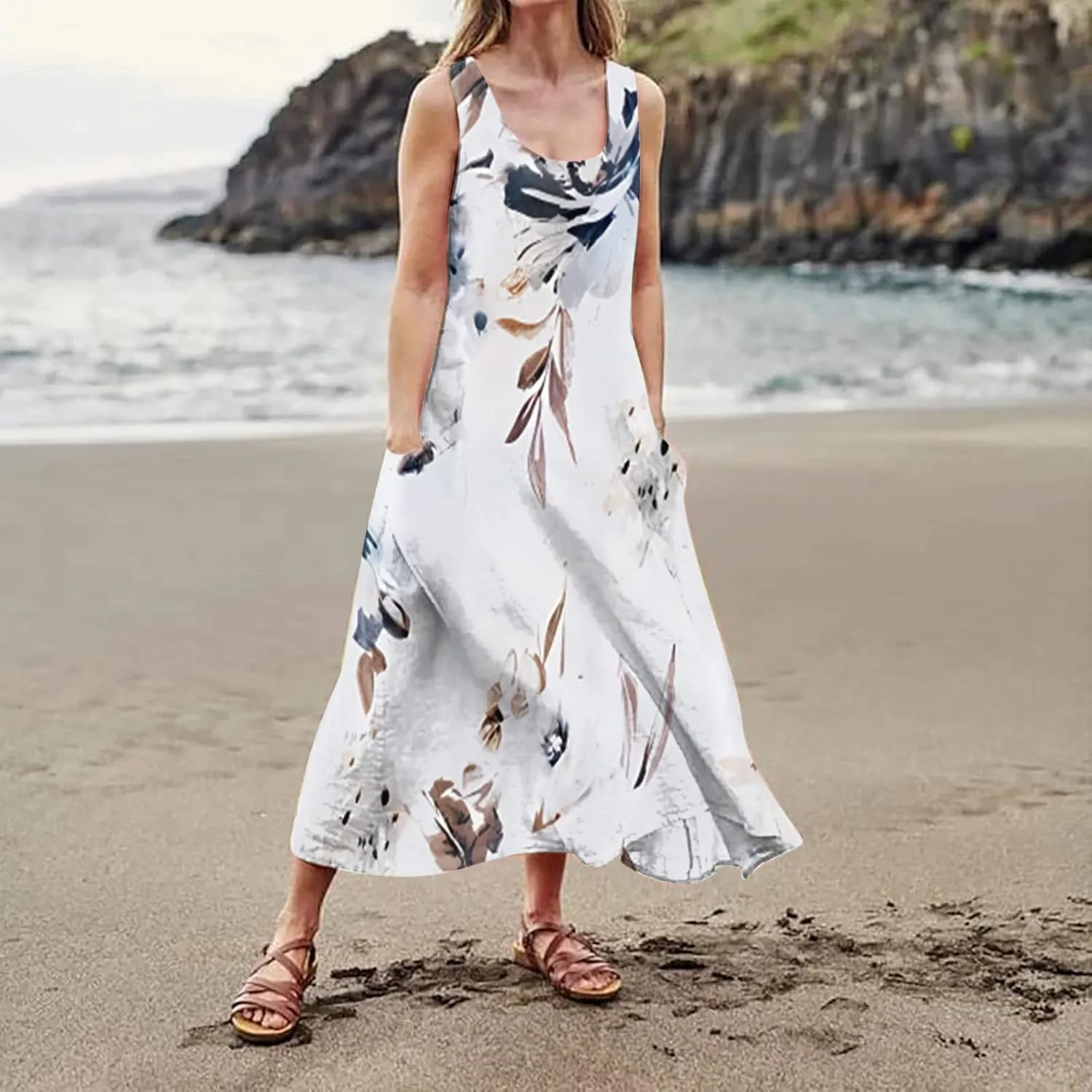 TWGONE Summer Dresses for Women Beach Boho Sleeveless Floral Flowy Pockets Casual Tshirt Tank Sundresses