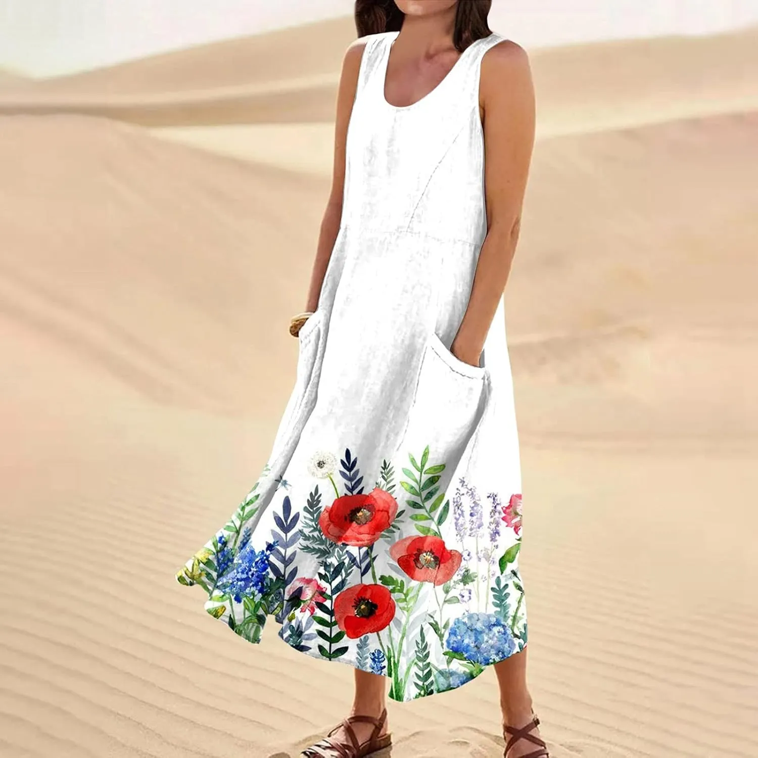 TWGONE Summer Dresses for Women Beach Boho Sleeveless Floral Flowy Pockets Casual Tshirt Tank Sundresses