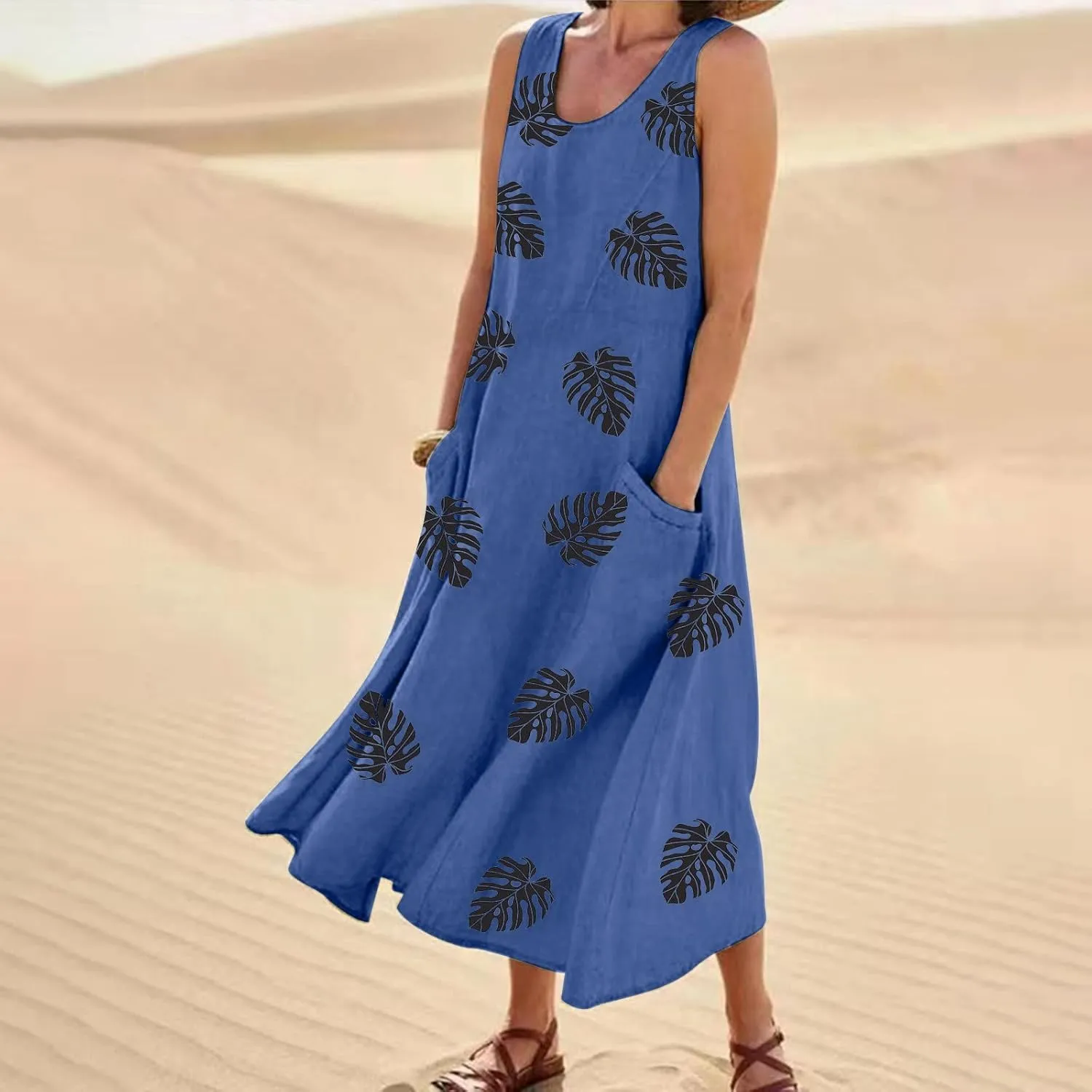TWGONE Summer Dresses for Women Beach Boho Sleeveless Floral Flowy Pockets Casual Tshirt Tank Sundresses