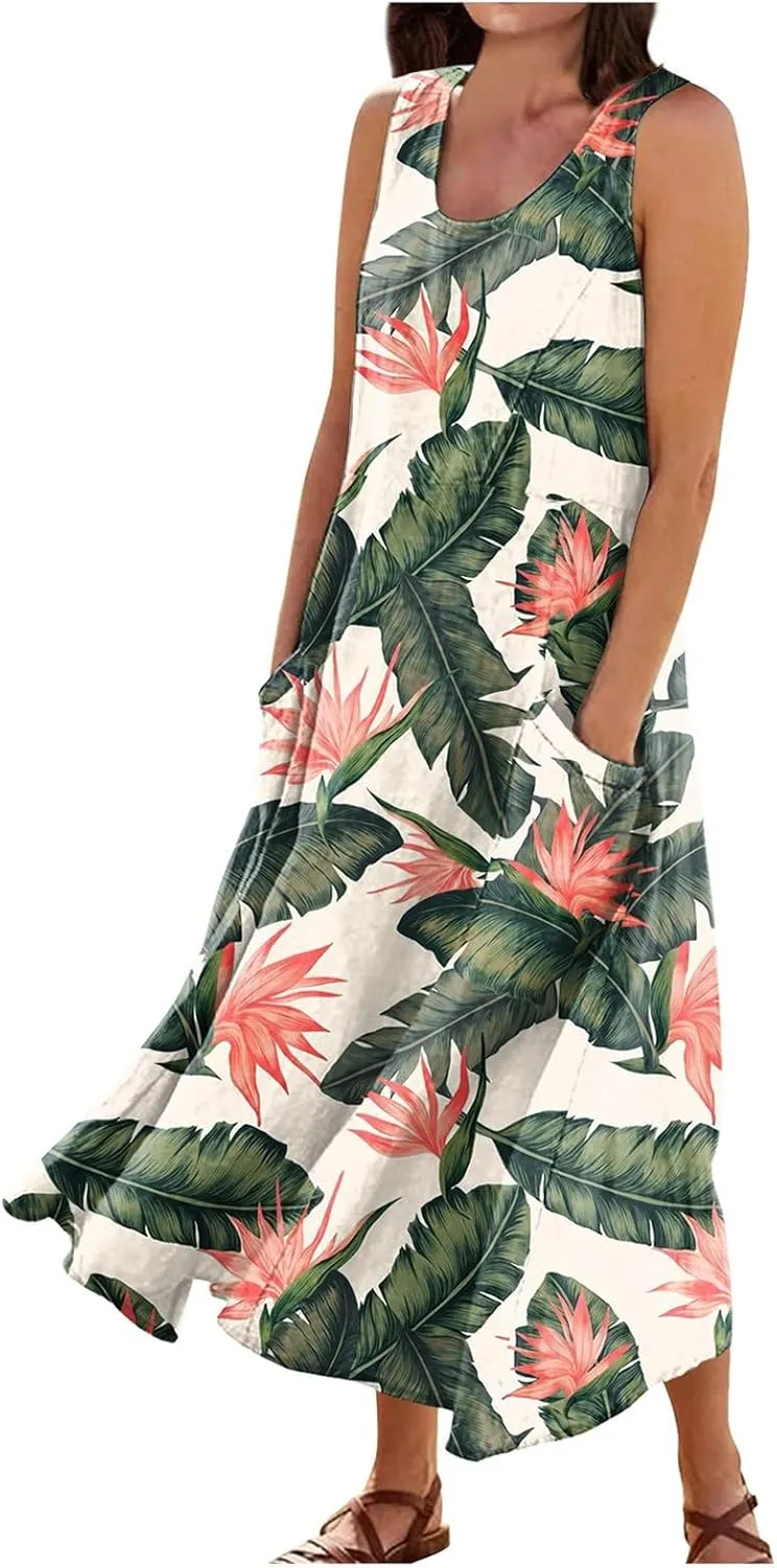 TWGONE Summer Dresses for Women Beach Boho Sleeveless Floral Flowy Pockets Casual Tshirt Tank Sundresses
