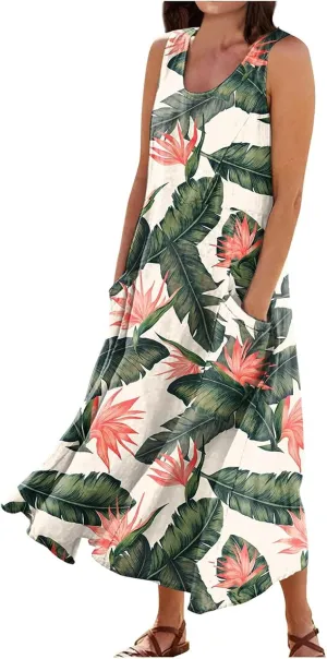 TWGONE Summer Dresses for Women Beach Boho Sleeveless Floral Flowy Pockets Casual Tshirt Tank Sundresses
