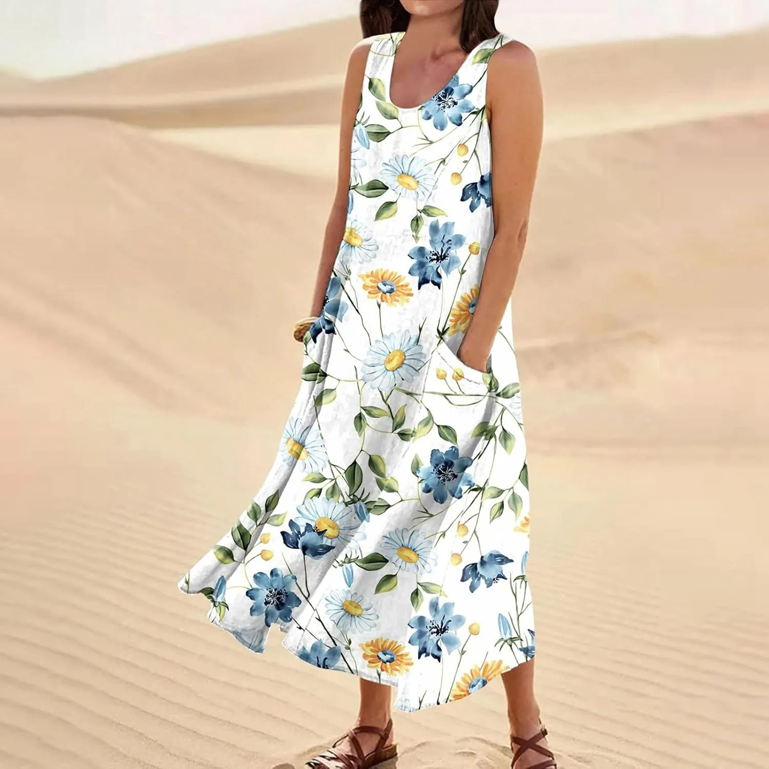 TWGONE Summer Dresses for Women Beach Boho Sleeveless Floral Flowy Pockets Casual Tshirt Tank Sundresses