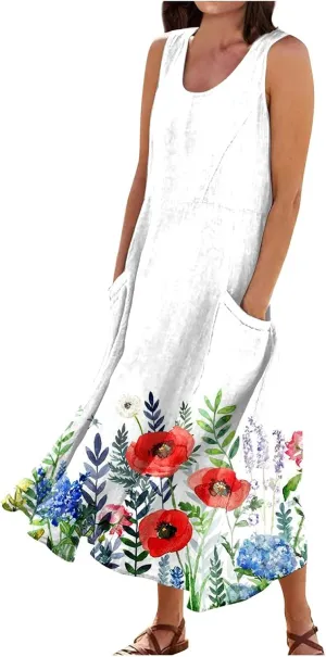 TWGONE Summer Dresses for Women Beach Boho Sleeveless Floral Flowy Pockets Casual Tshirt Tank Sundresses