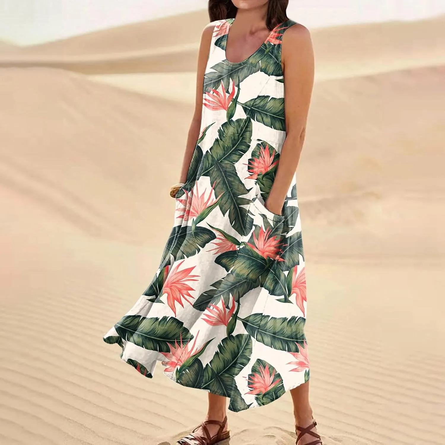TWGONE Summer Dresses for Women Beach Boho Sleeveless Floral Flowy Pockets Casual Tshirt Tank Sundresses