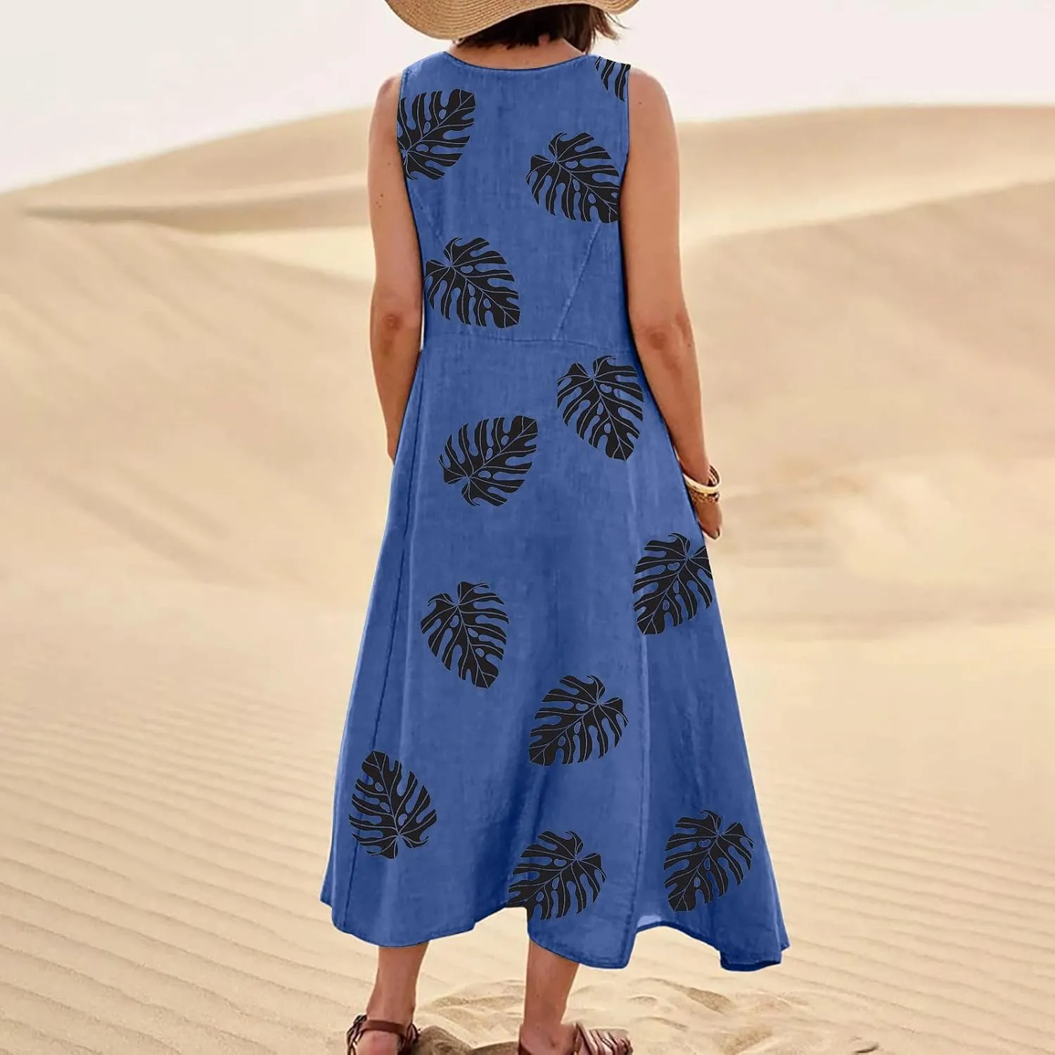 TWGONE Summer Dresses for Women Beach Boho Sleeveless Floral Flowy Pockets Casual Tshirt Tank Sundresses