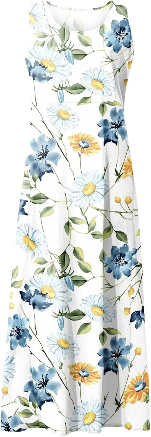 TWGONE Summer Dresses for Women Beach Boho Sleeveless Floral Flowy Pockets Casual Tshirt Tank Sundresses