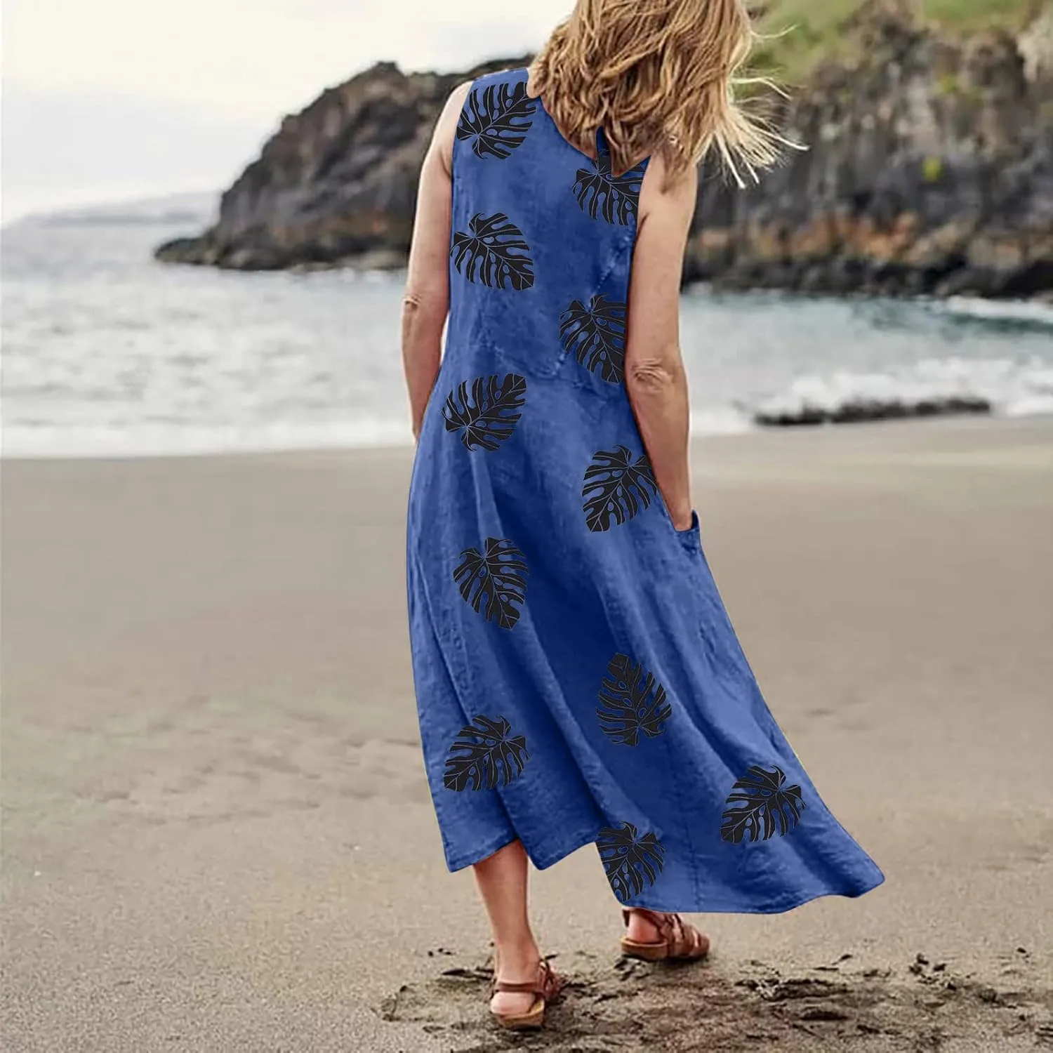 TWGONE Summer Dresses for Women Beach Boho Sleeveless Floral Flowy Pockets Casual Tshirt Tank Sundresses