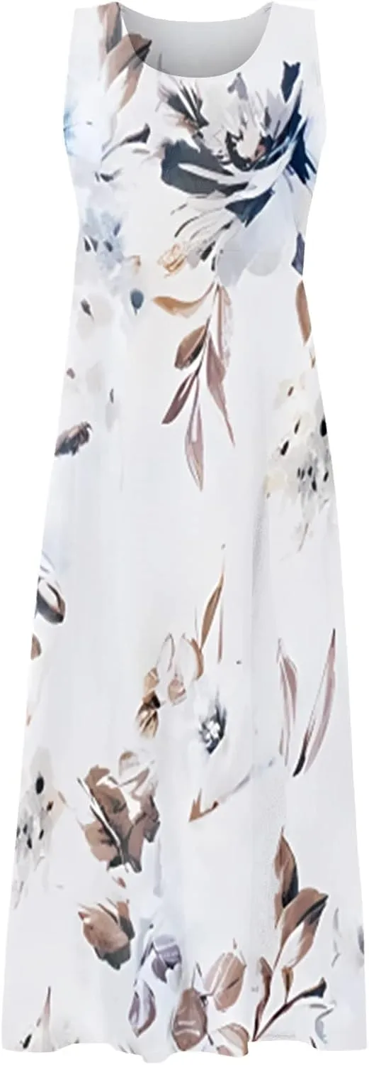 TWGONE Summer Dresses for Women Beach Boho Sleeveless Floral Flowy Pockets Casual Tshirt Tank Sundresses