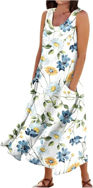 TWGONE Summer Dresses for Women Beach Boho Sleeveless Floral Flowy Pockets Casual Tshirt Tank Sundresses