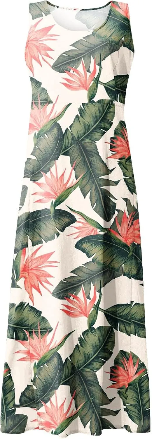 TWGONE Summer Dresses for Women Beach Boho Sleeveless Floral Flowy Pockets Casual Tshirt Tank Sundresses